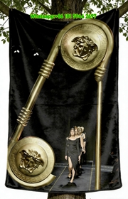 Versace Runway Medusa Head Gold Black Print Flannel Sofa Throw Blanket IMG_1568